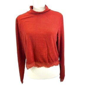 CHOCOLATE long sleeved soft mock neck ribbed lace top woman’s size large